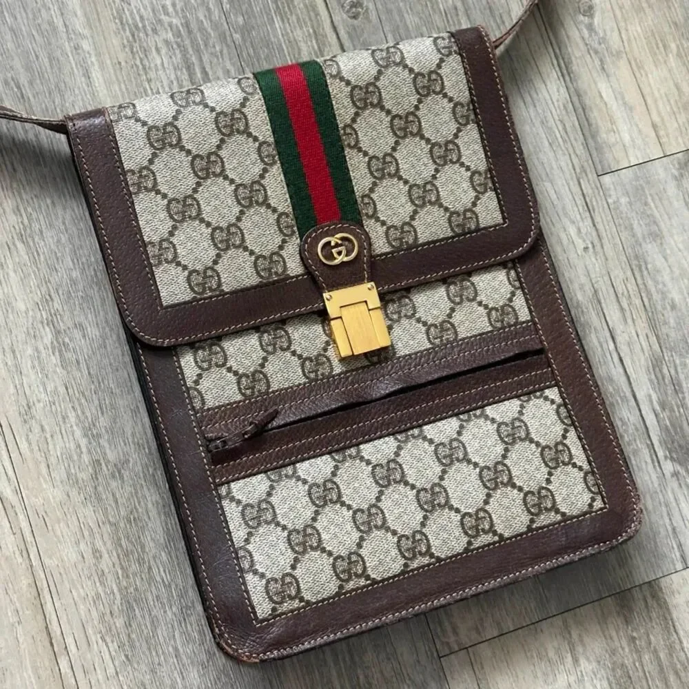 Vintage Gucci Shoulder Bag Satchel Pochette GG Pattern Sherry Line - Picture 2 of 13